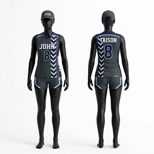 ชุดวอลเลย์บอลหญิง ผ้าโพลีเอสเตอร์อินเตอร์ล็อคคุณภาพพรีเมียม 150GSM สีเทาเข้มกรมท่า แถบลายเชฟรอนด้านข้าง  รับสกรีนโลโก้ตามสั่ง - Product Image 1