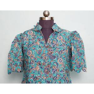 Beautiful Comfortable Short Sleeve Kangura Casual Dress Indian Handmade Cotton Women Office Wear Modern Button Hand Block - Product Image 4