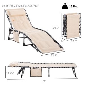 5-Position Adjustable Backrest Outdoor Folding Chaise Lounge <b>Chair</b> with Pillow Pocket <b>Padded</b> Reclining Patio Sun Lounger - Product Image 3