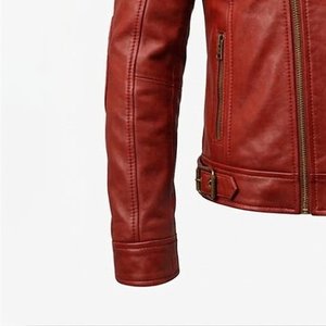 Nouveautés RTS : Blouson moto homme en cuir véritable, col montant, fermeture éclair, style motard, coupe ajustée, rouge, pour l'automne - Product Image 6