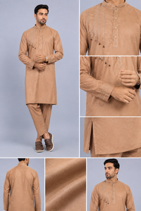 Mens Designer Beige Kurta Pajama <b>Set</b> Linear Thread Embroidery Ethnic Wear Indian Pakistani Party Outfit Wholesale Supplier - Product Image 6