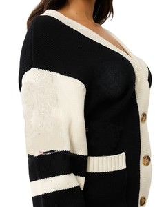 Cardigan noir personnalisé avec logo, col en V, boutonné, à manches longues, en tricot, style décontracté, color block. - Product Image 4
