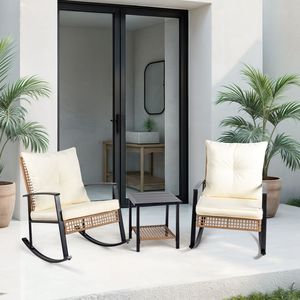 Ensemble trois pièces en rotin PE pour patio, jaune clair et blanc, comprenant 1 table d'appoint et 2 fauteuils à bascule avec dossier tressé finement - Product Image 3