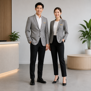 ชุดยูนิฟอร์มสีเทาแบบไร้รอยต่อสำหรับผู้ชายและผู้หญิง ผลิตจากวัสดุสแปนเด็กซ์ที่ระบายอากาศได้ดีและดีไซน์คลาสสิก - Product Image 3