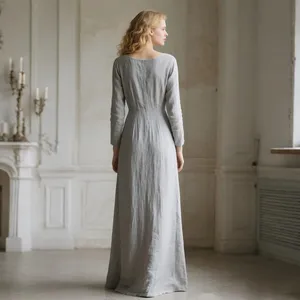 Robe longue vintage gris clair pour femme, manches longues, coupe ajustée, en lin respirant, robe décontractée - Product Image 2