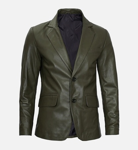 Blazer en cuir vert olive pour homme, coupe ajustée, col rabattu, simple boutonnage, style décontracté chic, idéal pour l'automne - Product Image 5