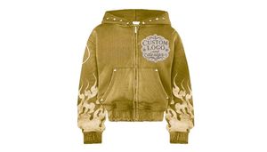 Sweat à capuche personnalisé coupe ample vintage délavé avec imprimé flamme, poche avant zippée, coupe carrée, épaules tombantes, broderie vieillie et strass - Product Image 3