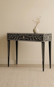 Table console en os incrusté, faite à la main, style traditionnel, table d'entrée, accent floral noir et blanc pour salon et chambre - Product Image 2