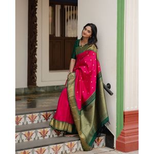 Sari de Seda Banarasi con Bordado Zari a la Moda, con Blusa sin Coser, Color Rani - Product Image 1