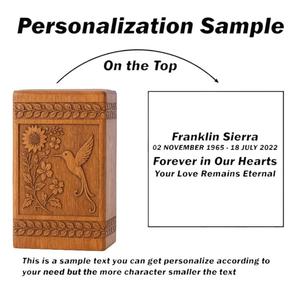 Rosewood Hummingbird Urn Handmade Wooden Floral Cremation <b>Box</b> for human ashes medium size 9x5.5 urn <b>box</b> - Product Image 3