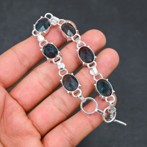 Bracelet ajustable en topaze bleue de Londres créée en laboratoire, taille ovale 10x14 mm, en argent sterling plaqué argent 100% pur, ajustable 7/8' - Product Image 3