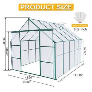 Serre de jardin double porte 8x10FT robuste en polycarbonate avec base surélevée et ancrage en aluminium pour jardins extérieurs - Product Image 4