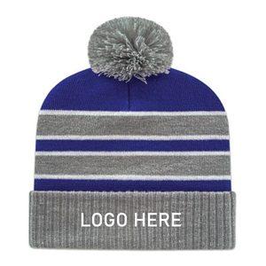 Custom Logo Striped Beanie <b>Hat</b> Unisex Winter Knitted <b>Pom</b> <b>Pom</b> Adult 56-58CM - Product Image 5