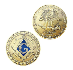 Maßgefertigte Freimaurer-Herausforderungsmünze Antik-Goldton Quadrat Kompass G Zeit Geduld Ausdauer Freimaurer-Geschenk - Product Image 1