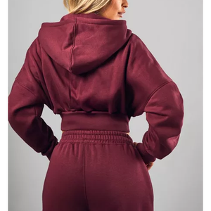 Sweat-shirt à capuche rose pour femme, coupe courte, manches longues, couleur unie, tricoté, séchage rapide, vêtement décontracté d'automne - Product Image 4