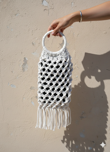Sac fourre-tout en crochet blanc avec poignée circulaire et franges à pompons, sac cadeau écologique - Product Image 4