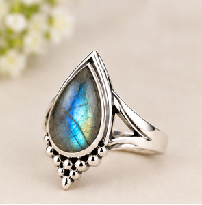 Labradorite Silver <b>Ring</b>, 925 Sterling Silver Teardrop <b>Ring</b>, Blue Flash Labradorite Gemstone <b>Ring</b>, Statement <b>Ring</b>, <b>Boho</b> Handmade - Product Image 1
