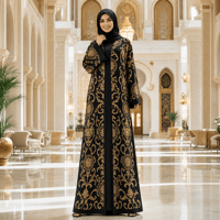 Abaya noire tricotée sur mesure ODM pour femme, avec motif losanges dorés, devant ouvert, manches longues, robe kaftan musulmane, tenue modeste du Moyen-Orient, OEM