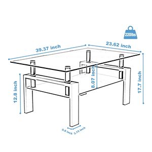 Tavolino da Caffè Moderno Rettangolare in Vetro 98 cm con Piano in Vetro Temperato Trasparente, Set Minimalista per Soggiorno Nero - Product Image 2
