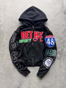 **Custom Chenille Patch <b>Full</b> <b>Zip</b> Hoodie Heavyweight Cotton Varsity Streetwear Hoodie with Multi Logo Applique OEM ODM <b>Hoodies</b> - Product Image 1