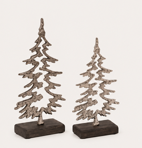 Modern Silver Aluminum Christmas <b>Tree</b> Sculpture Set Of 2 <b>Tabletop</b> Silhouette Holiday Figurine With Wooden Base For Home & Office - Product Image 1