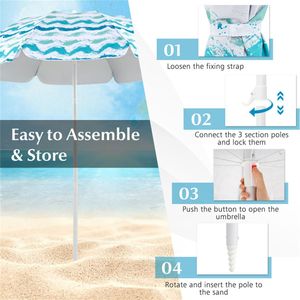 Set da Spiaggia 4 Pezzi Blu: Telo Impermeabile 203x203cm, Ombrellone Parasole 1,9m, 2 Sedie Pieghevoli - Product Image 6