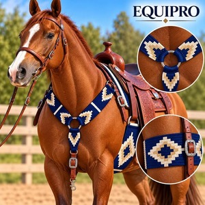 EQUIPO: Conjunto de Cinturón y Pechera para Caballo de Cuero Tejido Azul Marino y Lana con Hebillas Concho con Patrón Geométrico Color Bronceado, Hecho en India - Product Image 3