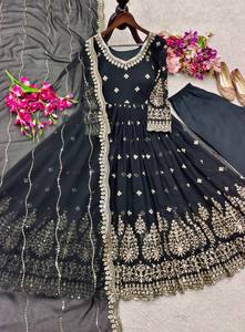Robe Anarkali noire brodée à manches longues, longueur cheville, avec dupatta, tenue traditionnelle indienne et pakistanaise pour femmes - Product Image 6