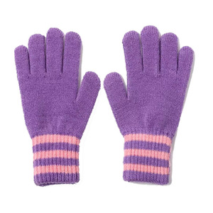 Purple Striped Full <b>Finger</b> <b>Gloves</b> With Pink Trim Warmth Winter Daily Use Acrylic Cotton Material Wrist Length - Product Image 3