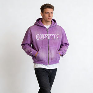 Sudadera con capucha para hombre, de moda, morada, con efecto tie-dye, oversize, con cremallera frontal, detalles de remaches, dobladillo deshilachado y estampado de letras personalizado, para uso diario informal - Product Image 1