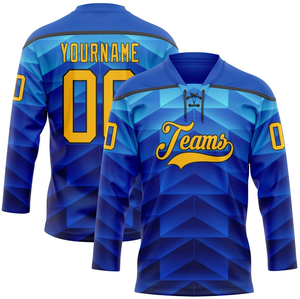 Maillots de hockey sur glace personnalisés haut de gamme, bleus, à motif géométrique, sublimés, pour l'entraînement, anti-humidité, de haute qualité, pour équipes de hockey - Product Image 1
