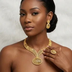 Conjunto de Collar con Cadena de Caja y Dije Chapado en Oro de Un Gramo, Diseño Floral de Moda, Joyería Africana para Mujer, Fiestas de Compromiso, Bodas, Personalizado - Product Image 4