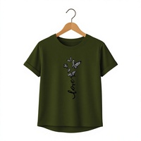 T-shirt pour femme bleu marine à col rond avec imprimé artistique rose fait main, décontracté, manches courtes, coupe classique, printemps-été, 100 % coton jersey