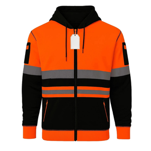 Sweat-shirt à capuche en polaire pour homme, orange et noir, avec bandes réfléchissantes, fermeture éclair sur le devant, décontracté, pour l'automne, coupe classique - Product Image 3