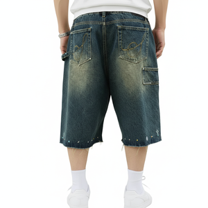 Shorts de mezclilla casuales con pedrería, de cintura baja y corte recto, para hombre y mujer, de moda y gran venta. - Product Image 4