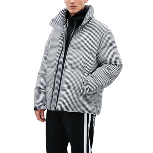 Men's <b>Checkered</b> Puffer <b>Jacket</b> Stand Collar Zipper Closure Windproof Winter Casual Thick Polyester Wadding Regular Fit - Product Image 6