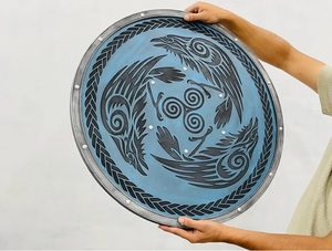 Blue Viking Raven Shield <b>Wall</b> Decal Circular Wood Art Deco Rustic Norse Design for Living Room and Hallway - Product Image 3