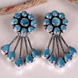 Sky <b>Blue</b> Stone Brass Oxidized Antique Silver Plated Pear Cut Bohemian Wedding Floral Dangle <b>Earrings</b> Women's Fashion Jewelry - Product Image 3