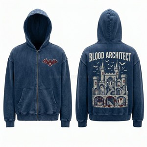 Sudadera con capucha azul con cremallera, diseño personalizado Blood Architect, estilo vintage desgastado, de tejido grueso, estilo urbano, de fábrica. - Product Image 1