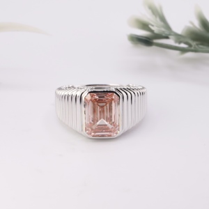 Luxury <b>Men</b> Emerald Cut Pink Lab Grown <b>Ring</b> White Gold Bezel <b>Set</b> Ribbed Grooved Heavy Signet Band Bold Male Engagement <b>Ring</b> - Product Image 1