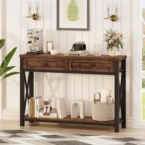 Table console industrielle moderne avec 2 tiroirs et étagère inférieure, structure en fer pour salon - Product Image 5