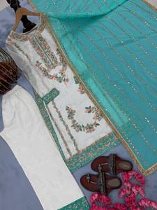 Ensemble haut, pantalon et dupatta en soie brodée lourde, prêt-à-porter, pour fêtes et mariages, design moderne, BLOSSOM FABRIC. - Product Image 4