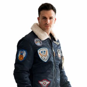 Blouson bomber bleu marine pour homme, respirant, col montant, doublure en sherpa, fermeture éclair, vêtements d'hiver, streetwear, style moto - Product Image 1