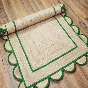 Scalloped Natural Jute <b>Rug</b> with Dark Green Border Handmade Jute <b>Rug</b> Jute Area <b>Rug</b> Custom Size <b>Rug</b> Decorative <b>Rug</b> <b>Boho</b> Decor <b>Rug</b> - Product Image 6