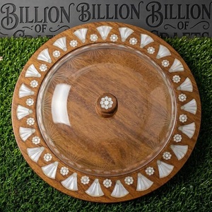 Plateau en bois avec dôme en plexiglas acrylique, incrusté de perles, plateau de service, assiette à chocolat, assiette à dattes, assiette à dessert pour la décoration de la maison - Product Image 3