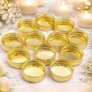 Lot de 12 bougeoirs en métal dorés ronds pour bougies chauffe-plat, décoratifs pour la maison, les mariages et la décoration de table - Product Image 6