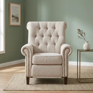 Fauteuil à bascule de luxe moderne en tissu tufté beige avec accoudoirs roulés, garniture cloutée et dossier haut pour salon, chambre ou bureau - Product Image 2