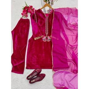 DESGASTE FIESTA BORDADO TERCIOPELO TRABAJO TOP BOTTOM CON DUPATTA ROSA - Product Image 3