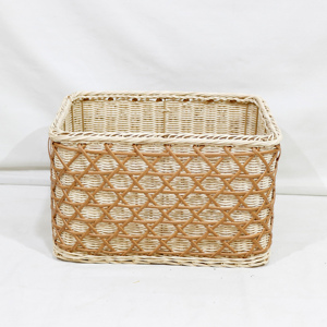 Panier de rangement en rotin rectangulaire avec poignées, style nordique, panier de rangement multifonctionnel, beige avec bordure blanche - Product Image 3