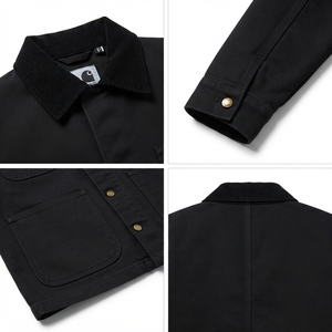 Black Cotton Twill <b>Chore</b> Coat Workwear <b>Jacket</b> European Streetwear Custom Label OEM Straight Hem Patch Pockets Tonal Workwear - Product Image 4